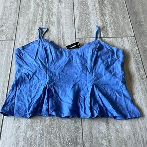 Express X-LARGE,blue V-neck,spaghetti straps,sheered back,ruffled back hem,women